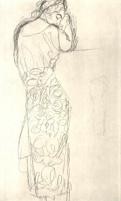 Back View of a Standing Woman in Patterned Skirt by Gustav Klimt